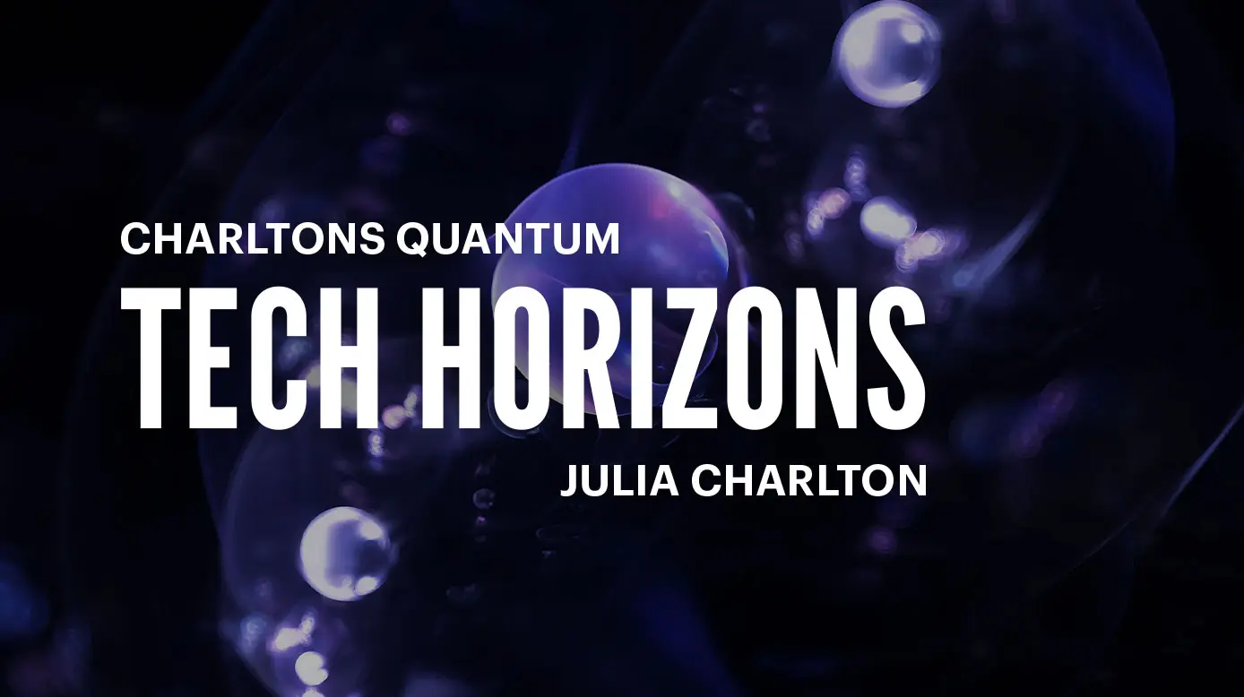 Tech horizons podcast by charltons text. with creative abstract background image